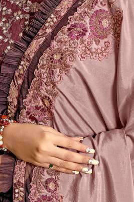 Purple embroidered crepe saree with blouse 3