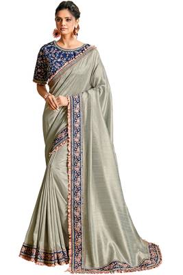 Silver embroidered silk saree with blouse 1