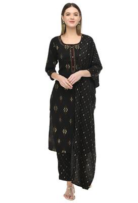 women gold printed kurta & pant with dupatta set(Black)  1