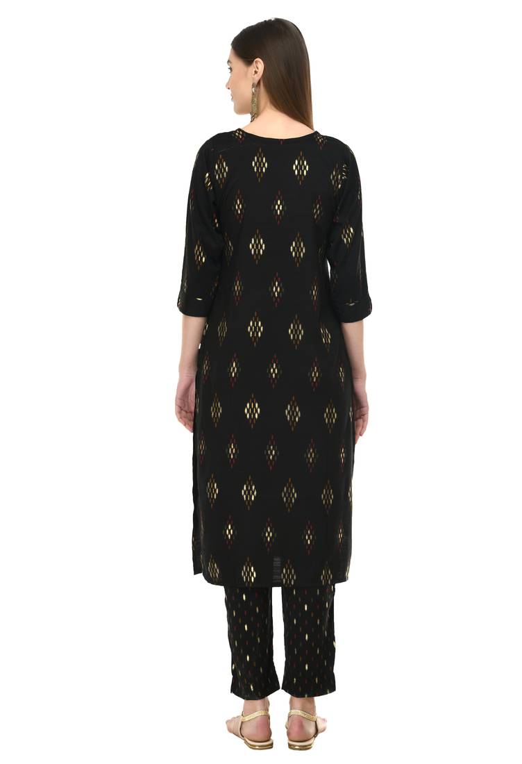 women gold printed kurta & pant with dupatta set(Black) 