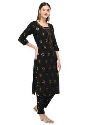 women gold printed kurta & pant with dupatta set(Black)  3