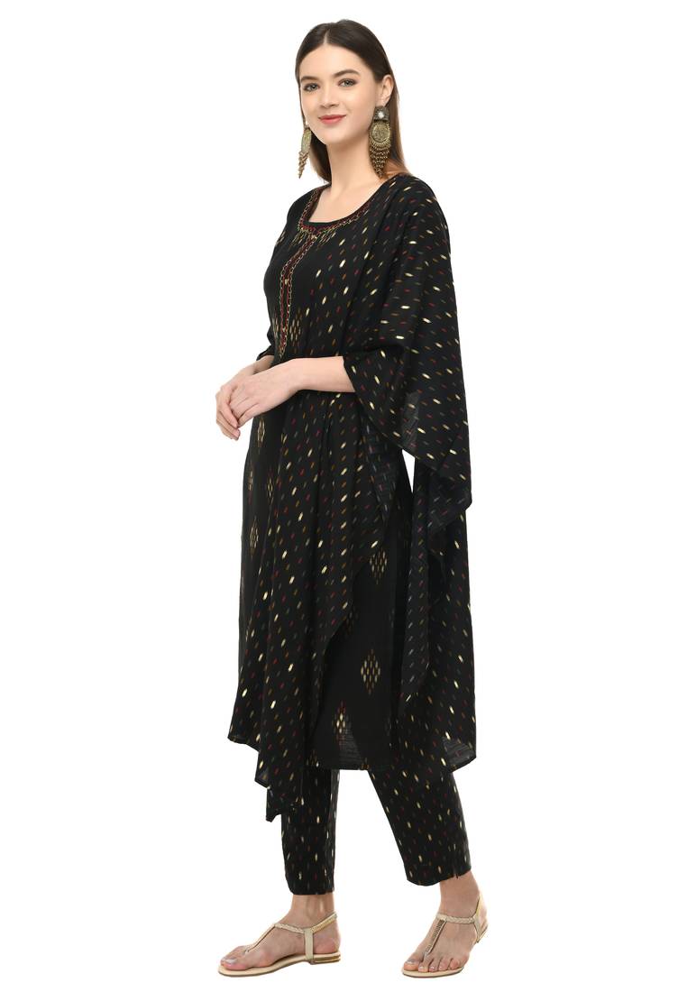 women gold printed kurta & pant with dupatta set(Black) 