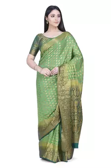 Green woven banarasi cotton saree with blouse