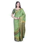 Green woven banarasi cotton saree with blouse
