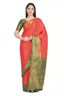 Red woven banarasi cotton saree with blouse