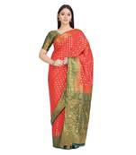 Red woven banarasi cotton saree with blouse