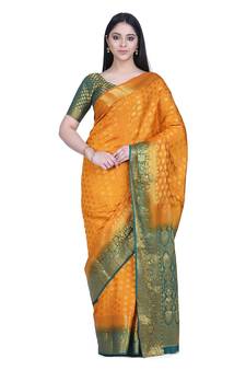 Yellow woven banarasi cotton saree with blouse