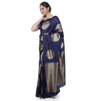 Blue woven banarasi cotton saree with blouse 2