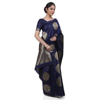 Blue woven banarasi cotton saree with blouse 3