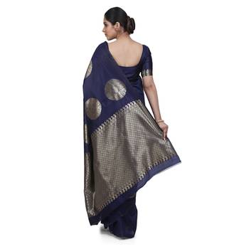 Blue woven banarasi cotton saree with blouse 4