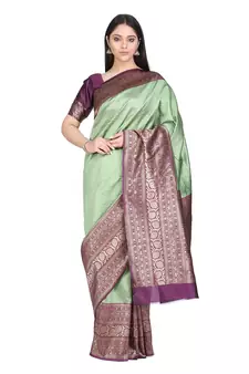 Green Banarasi Cotton Woven Zari Work Designer Saree
