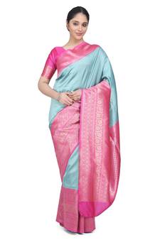 Blue woven banarasi cotton saree with blouse