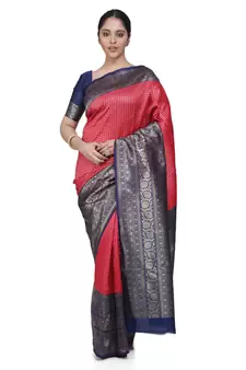 Pink woven banarasi cotton saree with blouse