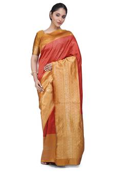 Red woven banarasi cotton saree with blouse