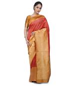 Red woven banarasi cotton saree with blouse