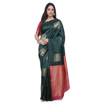 Green woven banarasi cotton saree with blouse 1