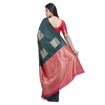 Green woven banarasi cotton saree with blouse 2