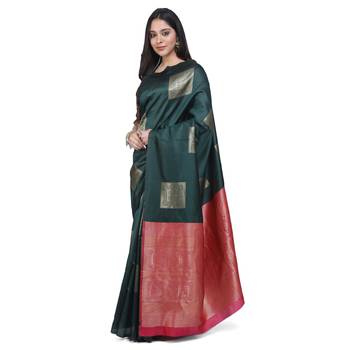 Green woven banarasi cotton saree with blouse 3