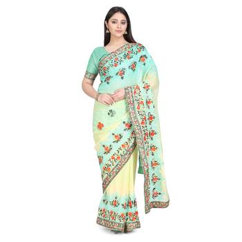 Light green embroidered chiffon saree with blouse 1