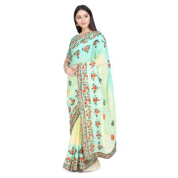Light green embroidered chiffon saree with blouse 2
