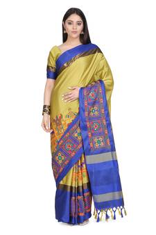 Yellow embroidered cotton silk saree with blouse
