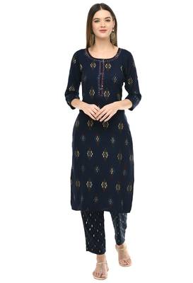 Women Gold Printed Kurta & Pant With Dupatta Set(Blue) 1