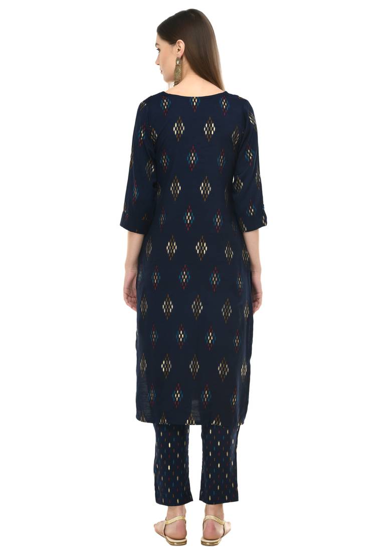 Women Gold Printed Kurta & Pant With Dupatta Set(Blue)