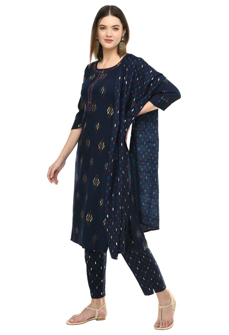 Women Gold Printed Kurta & Pant With Dupatta Set(Blue)