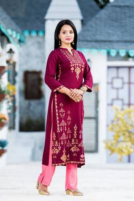 Wine block print rayon salwar 1