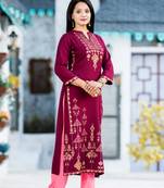 Wine block print rayon salwar