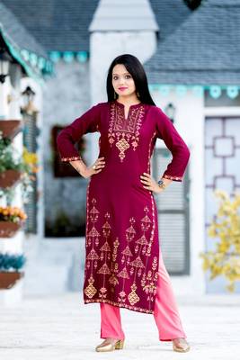 Wine block print rayon salwar 3