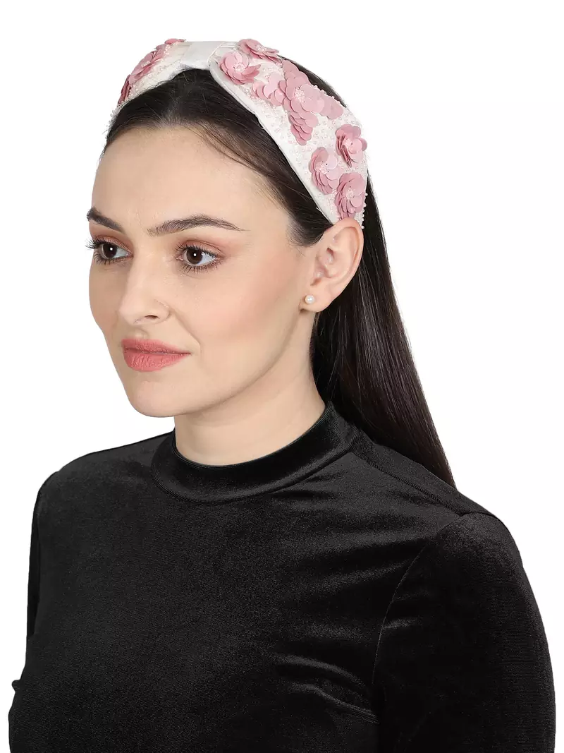 Anekaant White/Pink Art Silk Floral Sequinned  Hairband
