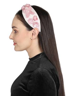 Anekaant White/Pink Art Silk Floral Sequinned  Hairband 3