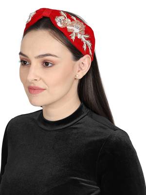 Anekaant Red/Gold Velvet Floral Beaded Hairband 1