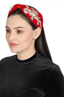 Anekaant Red/Gold Velvet Floral Beaded Hairband