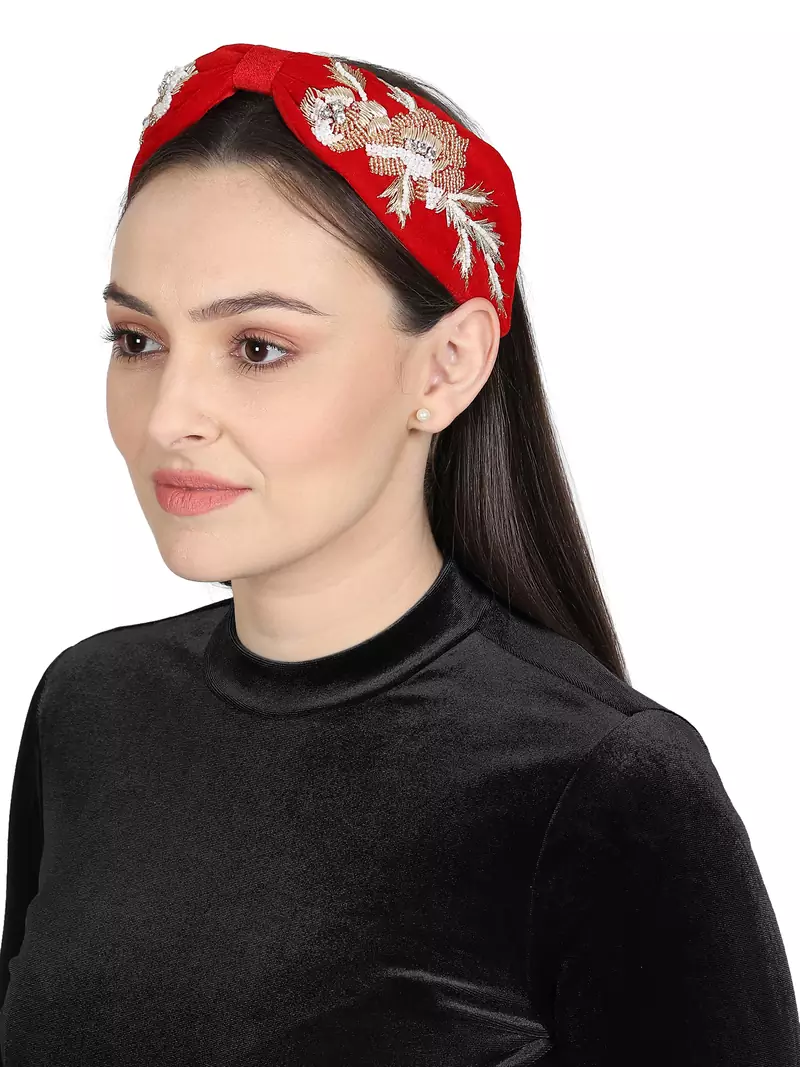 Anekaant Red/Gold Velvet Floral Beaded Hairband