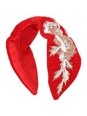 Anekaant Red/Gold Velvet Floral Beaded Hairband 2