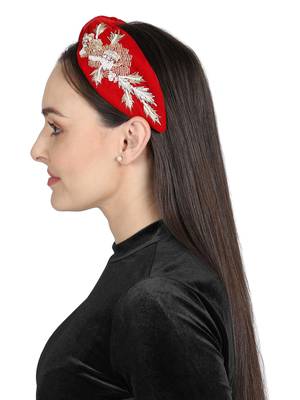 Anekaant Red/Gold Velvet Floral Beaded Hairband 3