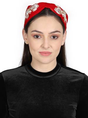 Anekaant Red/Gold Velvet Floral Beaded Hairband 4