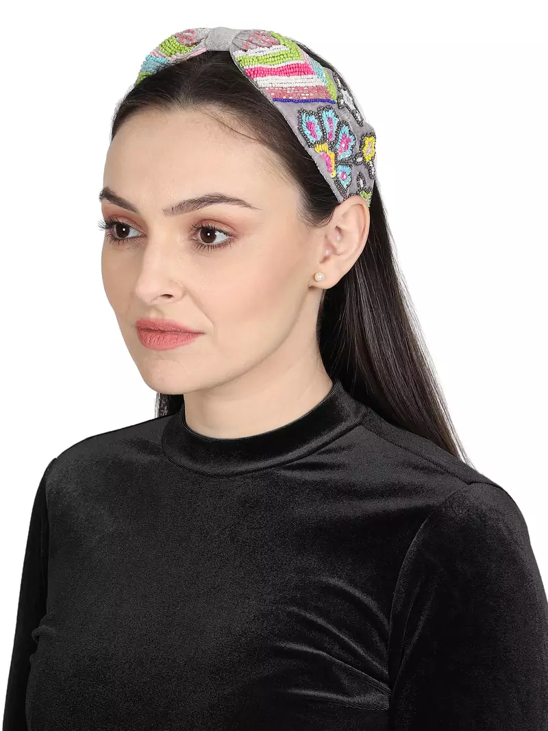 Anekaant Grey/Multi Velvet Floral Beaded Hairband