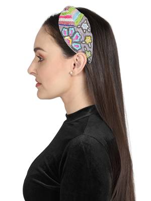 Anekaant Grey/Multi Velvet Floral Beaded Hairband 3