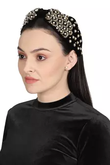 Anekaant Black/Gold Velvet Pearl & Gold Beaded Hairband