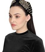 Anekaant Black/Gold Velvet Pearl & Gold Beaded Hairband