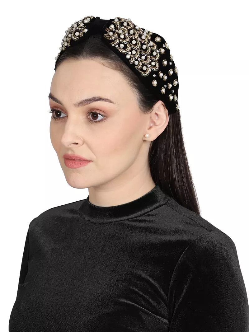 Anekaant Black/Gold Velvet Pearl & Gold Beaded Hairband