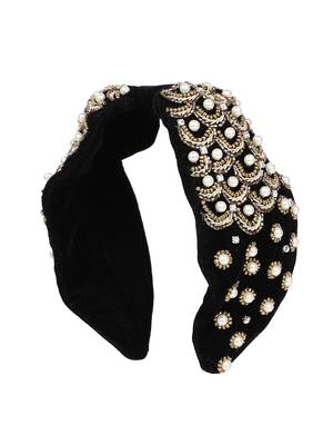 Anekaant Black/Gold Velvet Pearl & Gold Beaded Hairband 2