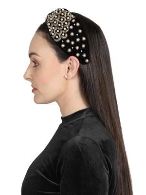 Anekaant Black/Gold Velvet Pearl & Gold Beaded Hairband 3