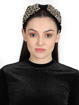 Anekaant Black/Gold Velvet Pearl & Gold Beaded Hairband 4