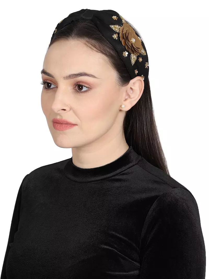 Anekaant Black/Gold Art Silk Floral Sequinned  Hairband