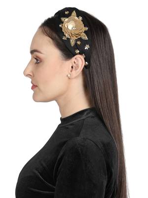 Anekaant Black/Gold Art Silk Floral Sequinned  Hairband 3