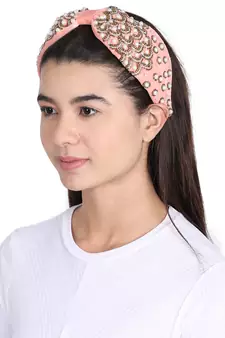 Anekaant Coral/Gold Velvet Pearl Beaded  Hairband